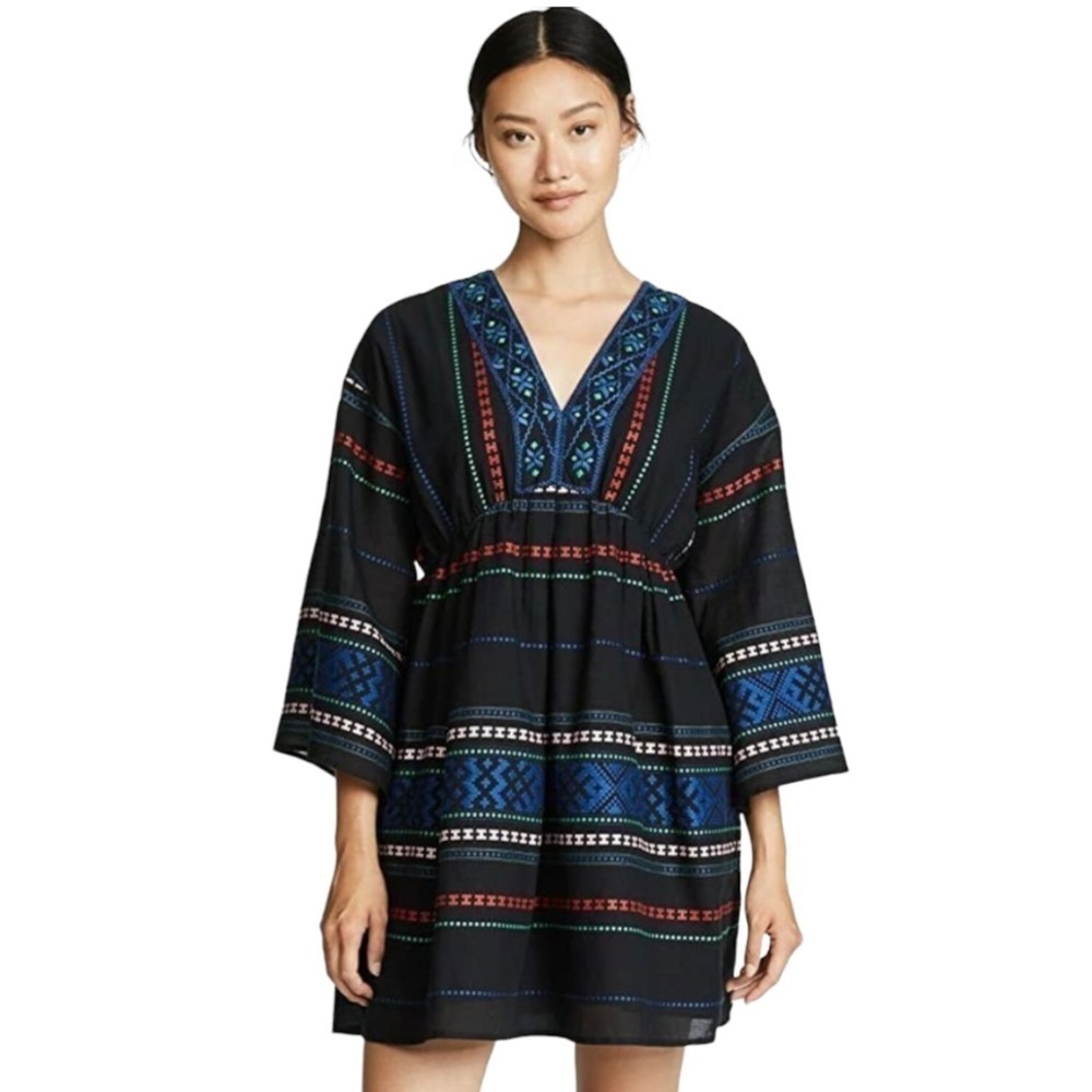 Joie Shada Black Embroidered V Neck Kimono Sleeve Cotton Boho Dress Women Large